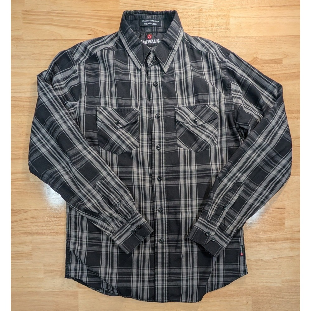 Airwalk Mens Medium Black Gray Plaid Button Up Long Sleeve Skate Workwear Shirt